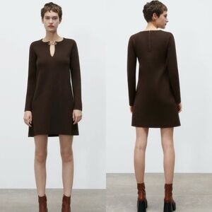 Zara Chocolate Brown Cutout Knit Mini Dress Long Sleeve Size S